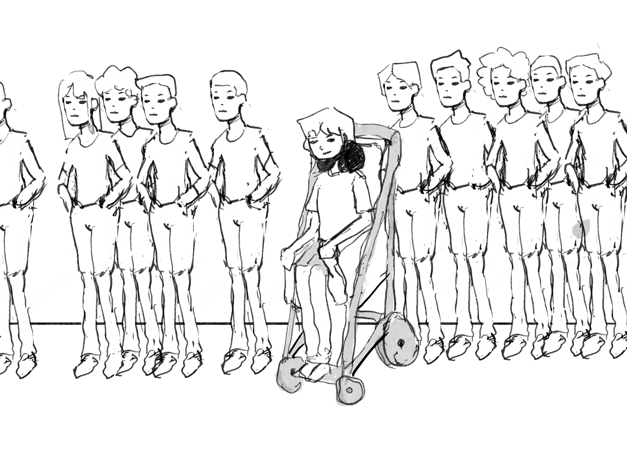 A drawing with many ablebodied people in a line, with one disabled person in the middle.