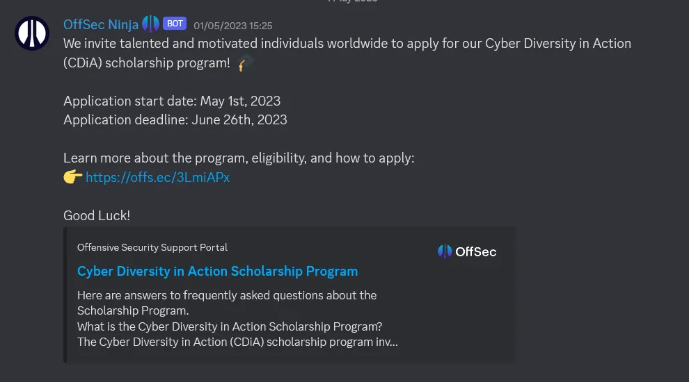 A screenshot of a message that reads "We invite talented and motivated individuals worldwide to apply for our Cyber Diversity in Action (CDIA) scholarship program!"